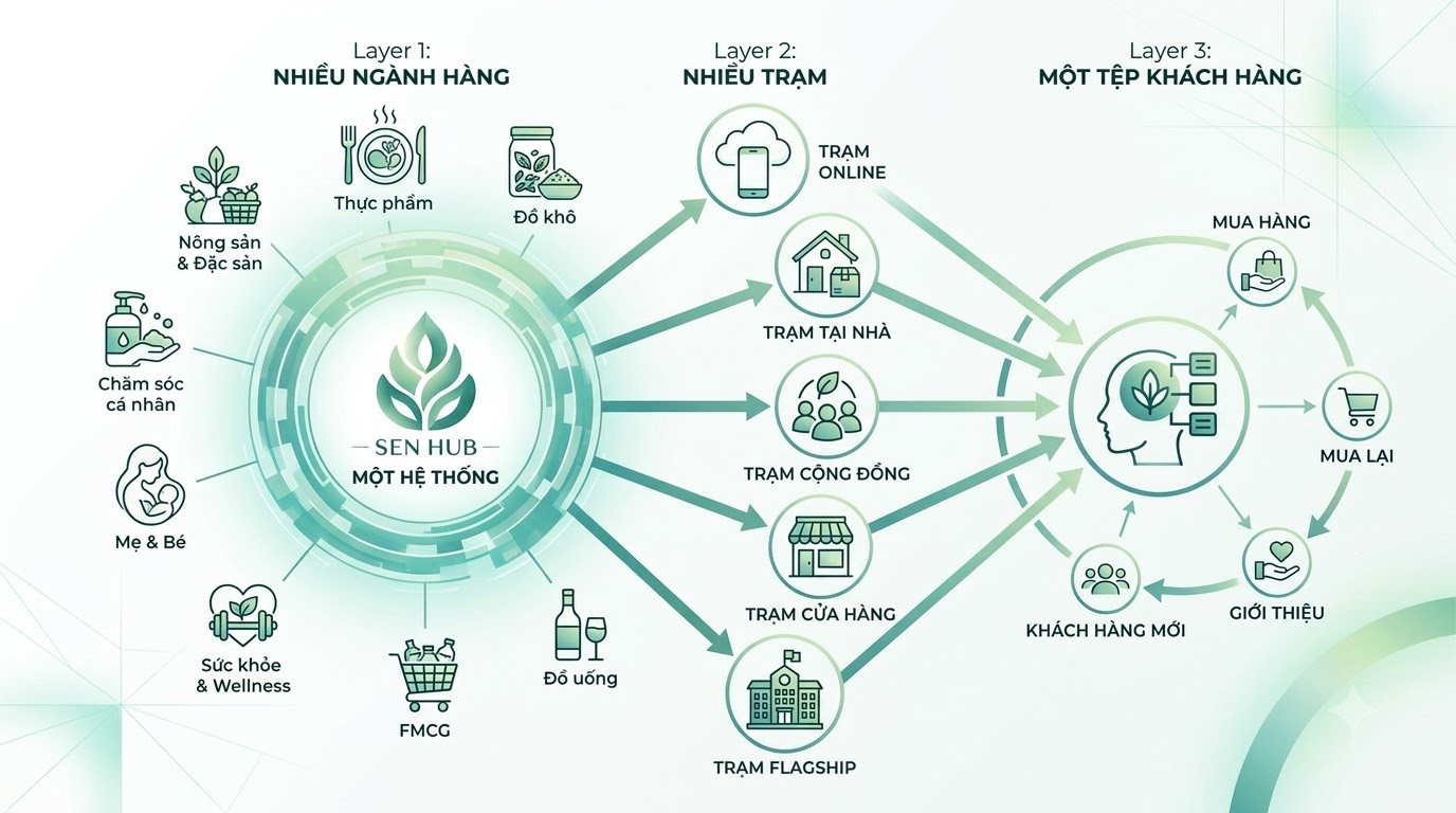 Sơ đồ hệ sinh thái Sen Hub: nhiều ngành hàng, nhiều Trạm, một tệp khách hàng